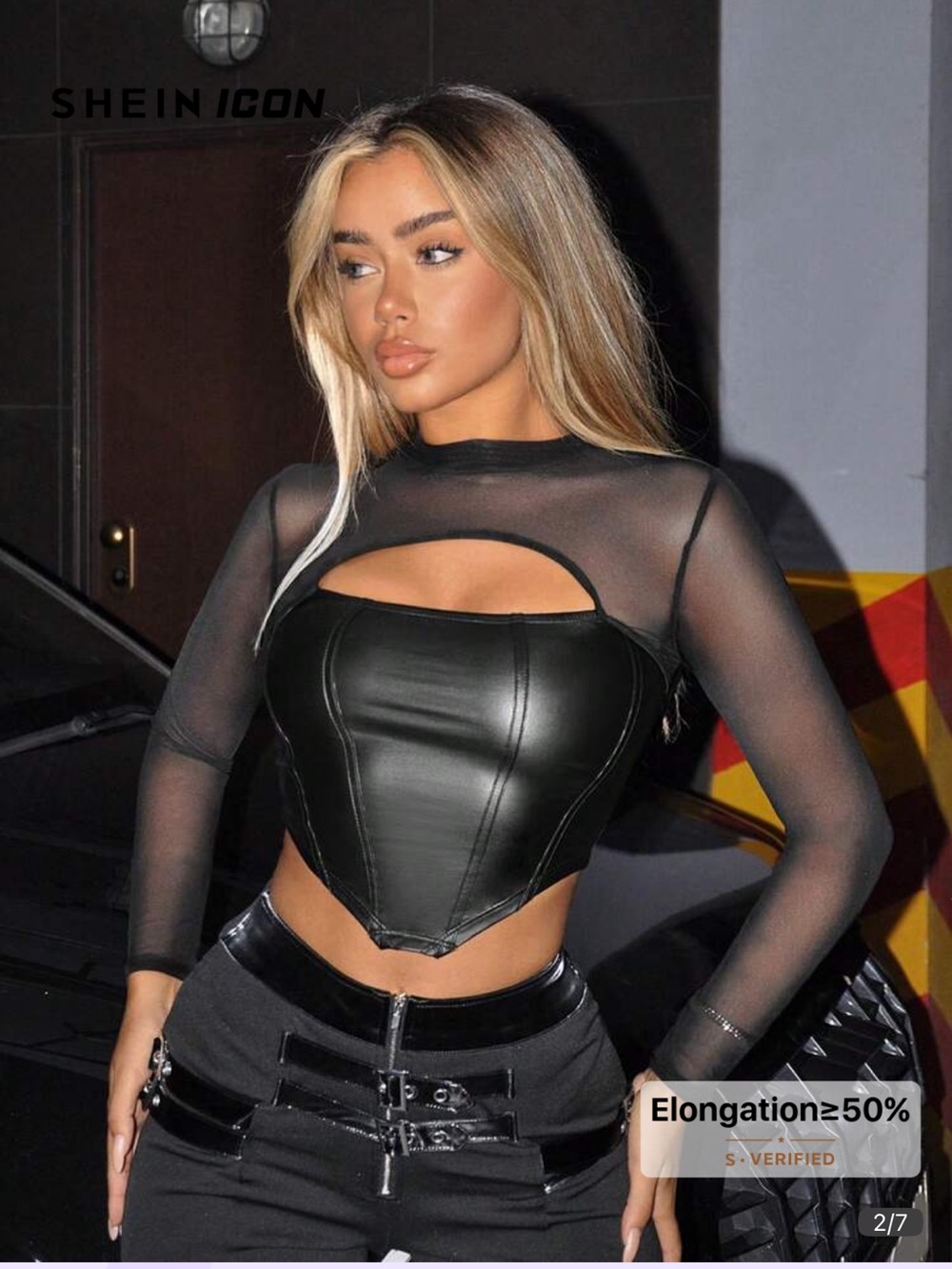 SHEIN Sexy Mesh Long-Sleeve Faux Leather Cutout Crop Top - Picture 2 of 5
